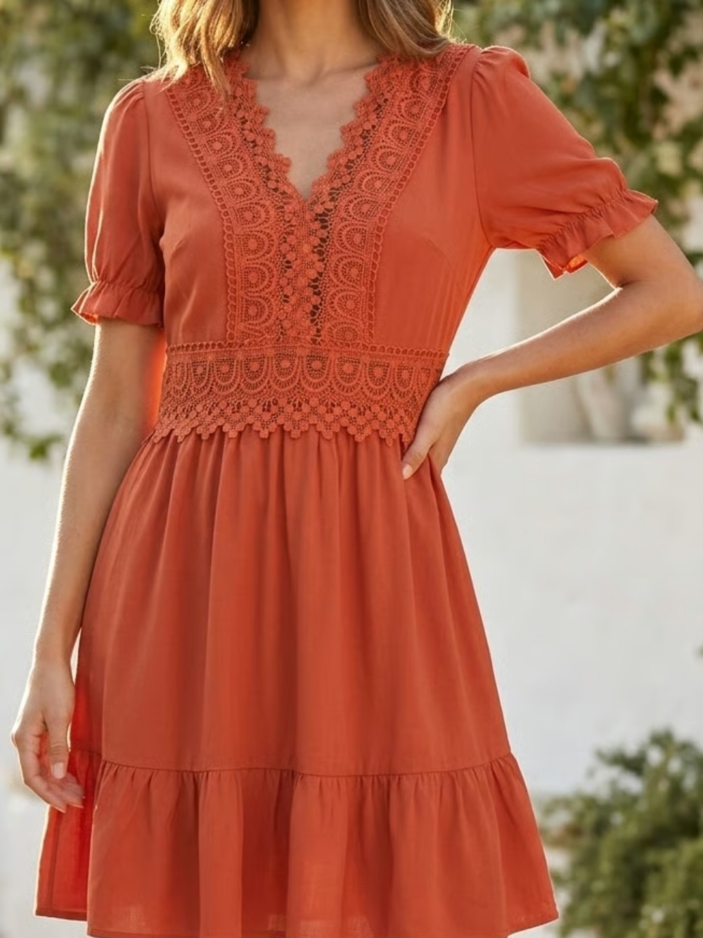 Lioness V-Neck Lace Trim Mini Dress - Orange